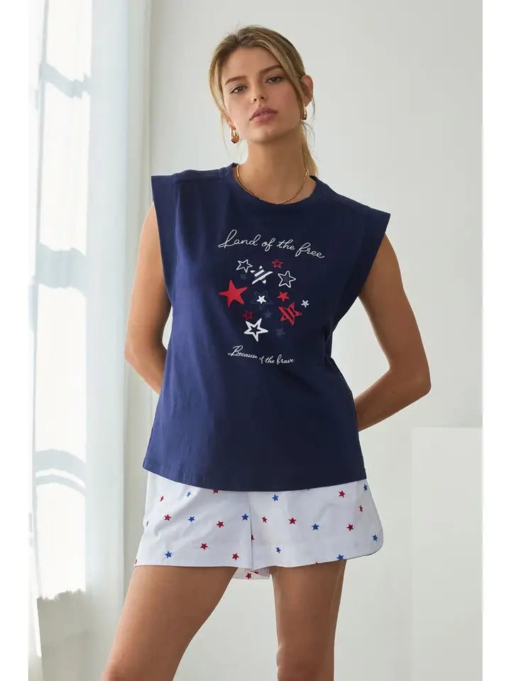 Patriotic Star Print Sleeveless Top  graphic tee