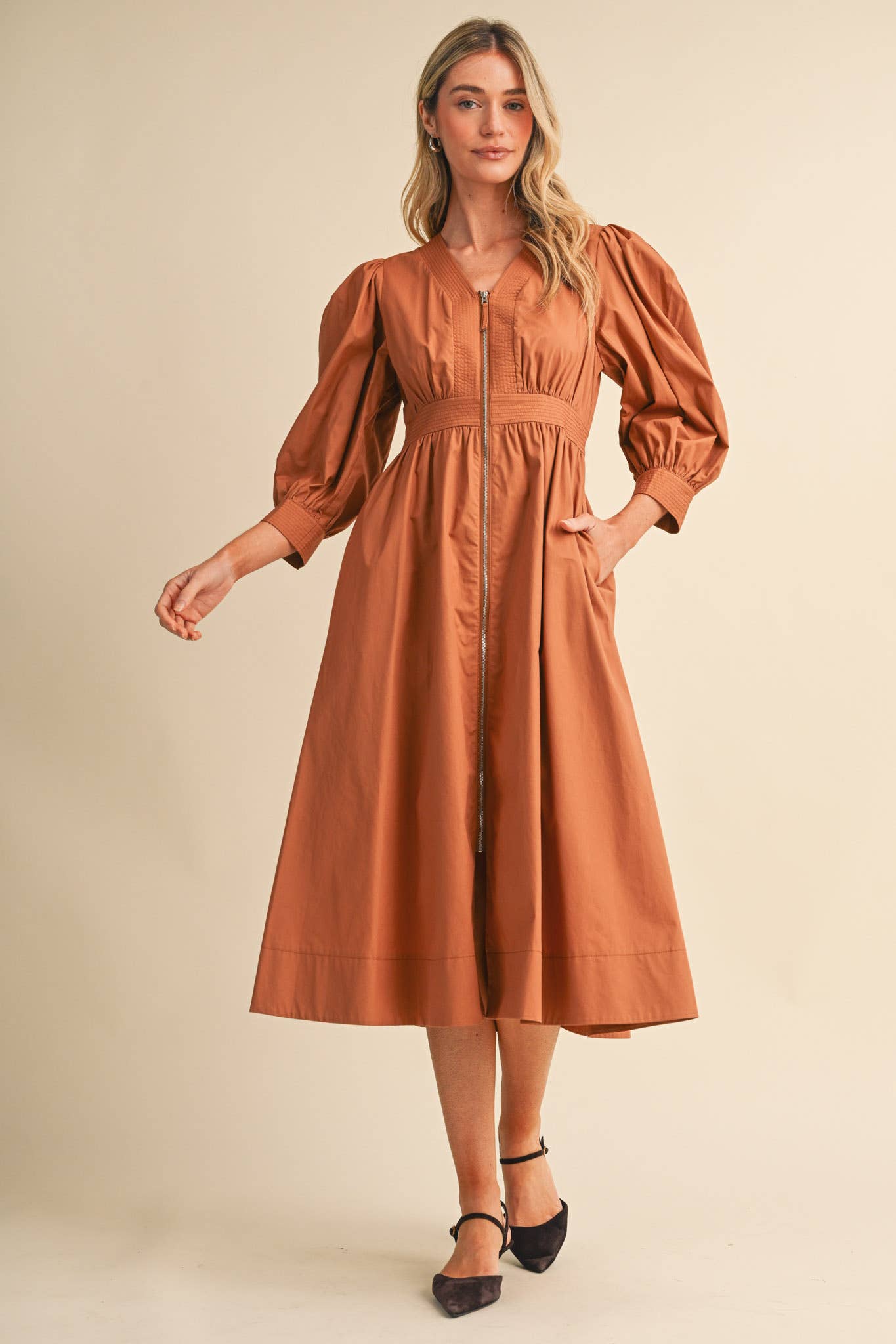 PUFF SLEEVE MIDI DRESS