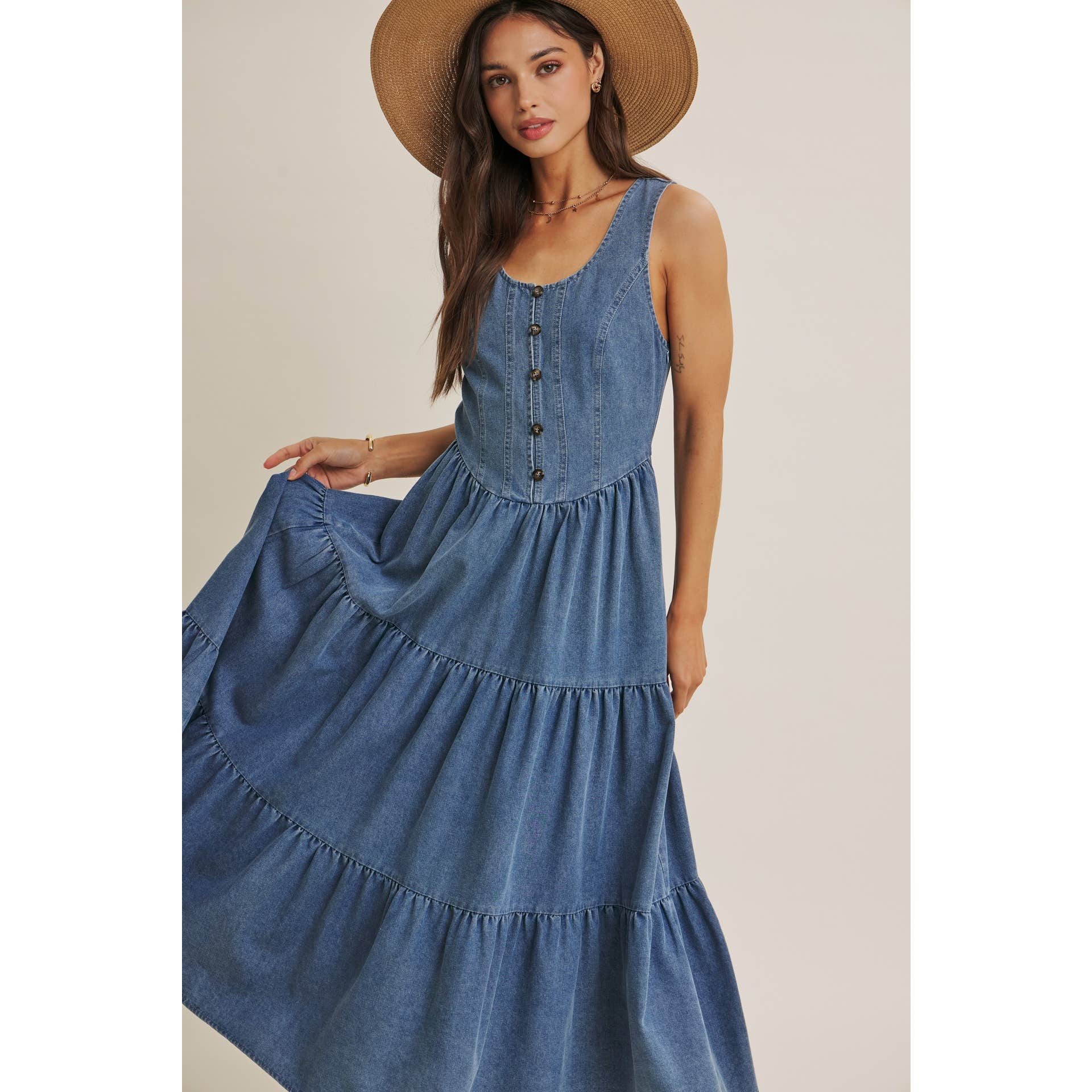 DENIM TIERED MIDI DRESS