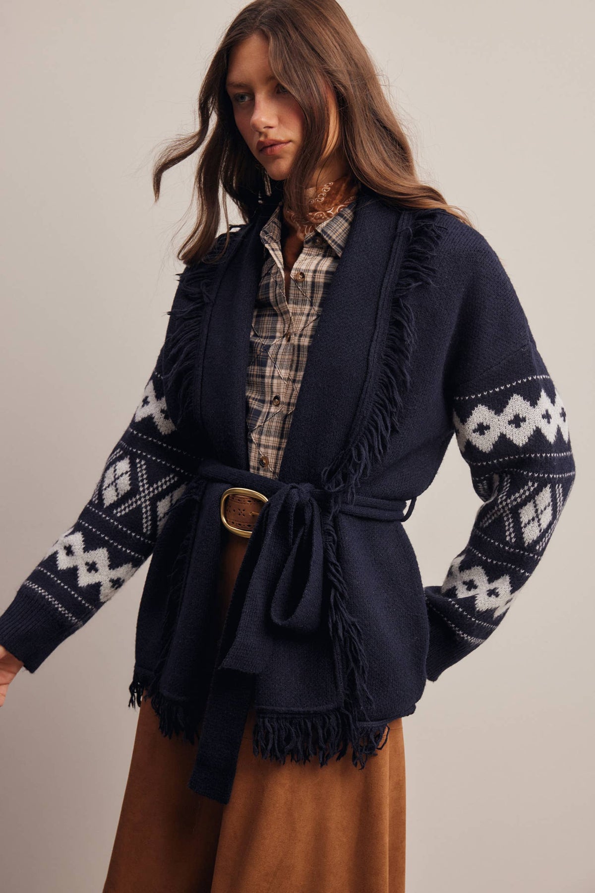 Fringe Trim Belted Western Cardigan
