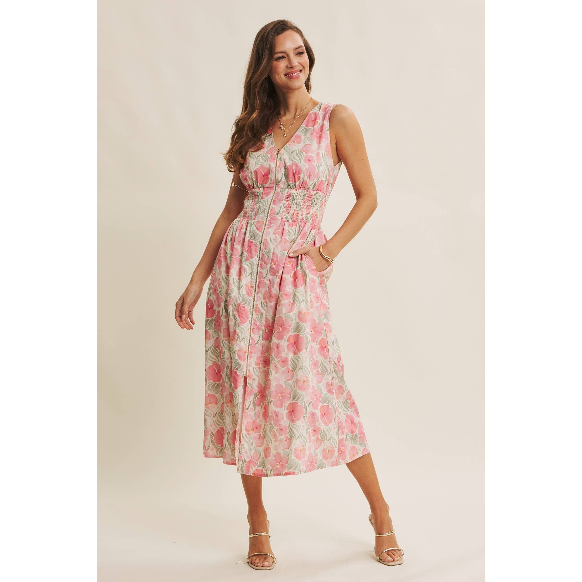 ZIP-FRONT COTTON MIDI DRESS