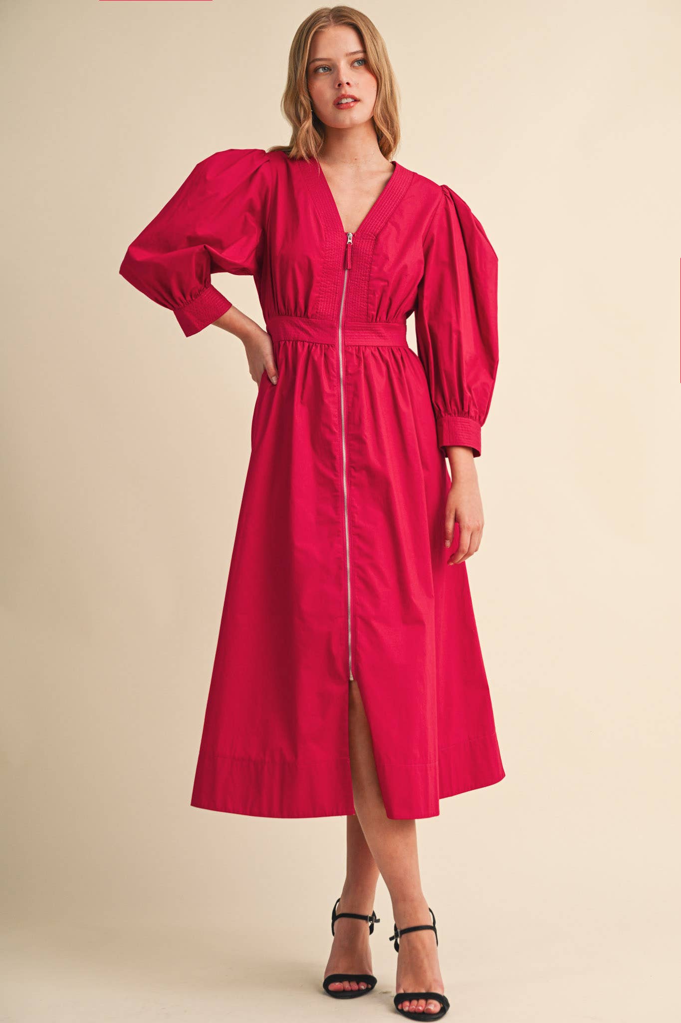 PUFF SLEEVE MIDI DRESS