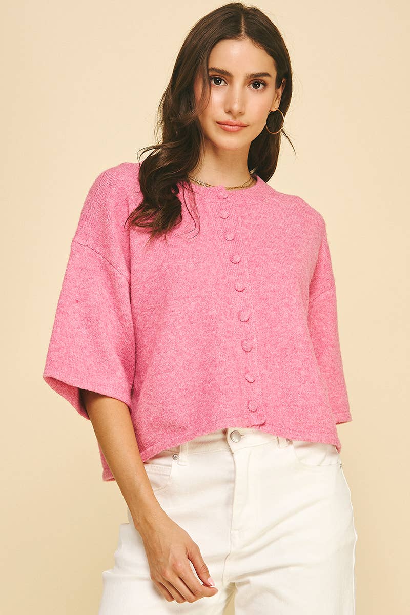 BUTTON DOWN SHORT SLEEVE SWEATER