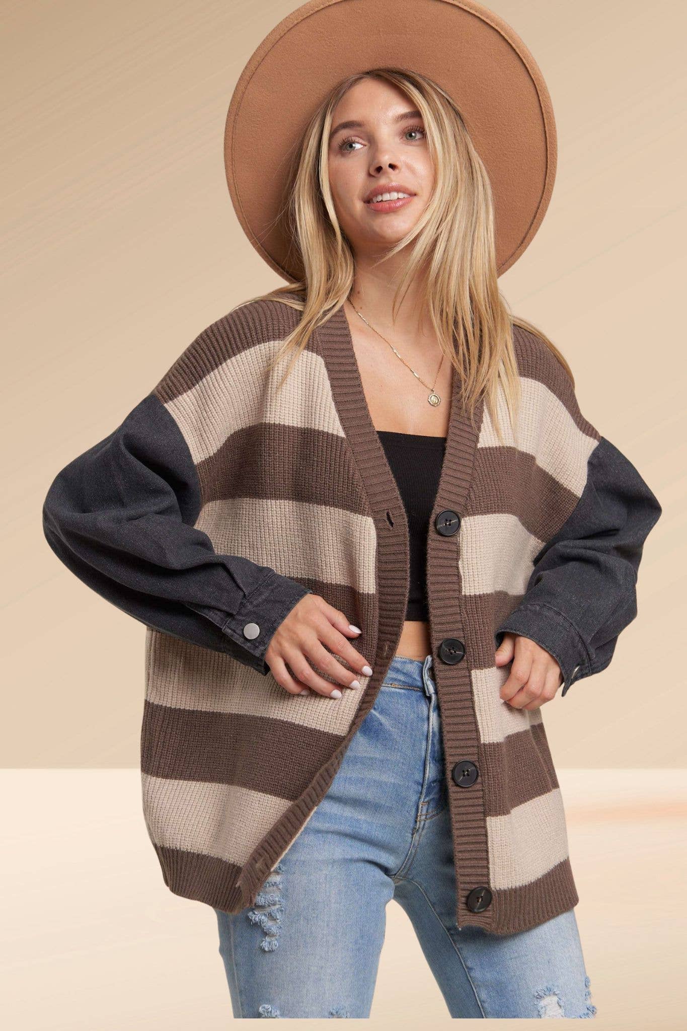 DENIM SLEEVE STRIPE CARDIGAN