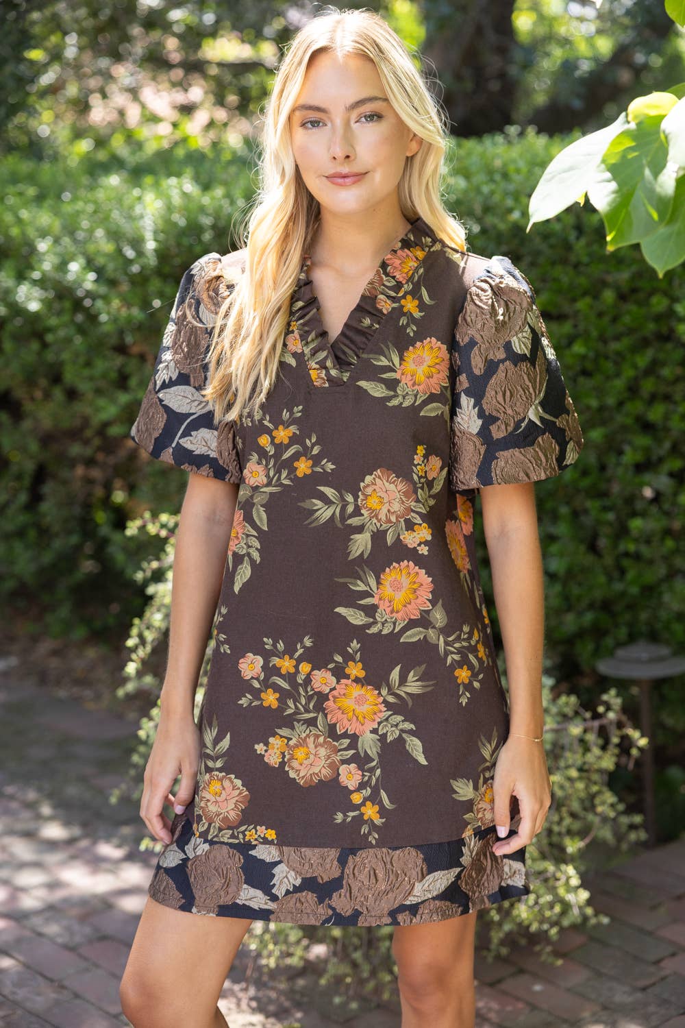 37060 Floral Jacquard Bubble Sleeve Ruffle V-Neck Dress