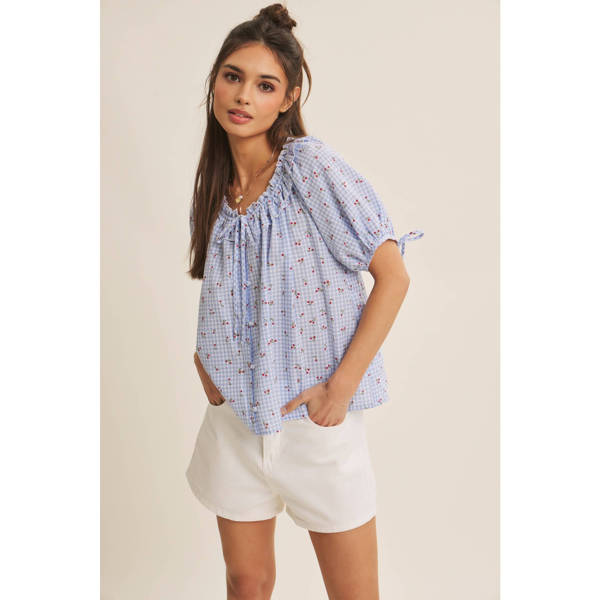 CHERRY GINGHAM RUFFLED BLOUSE