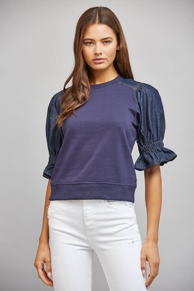 DENIM PUFF SLEEVE SWEATSHIRT