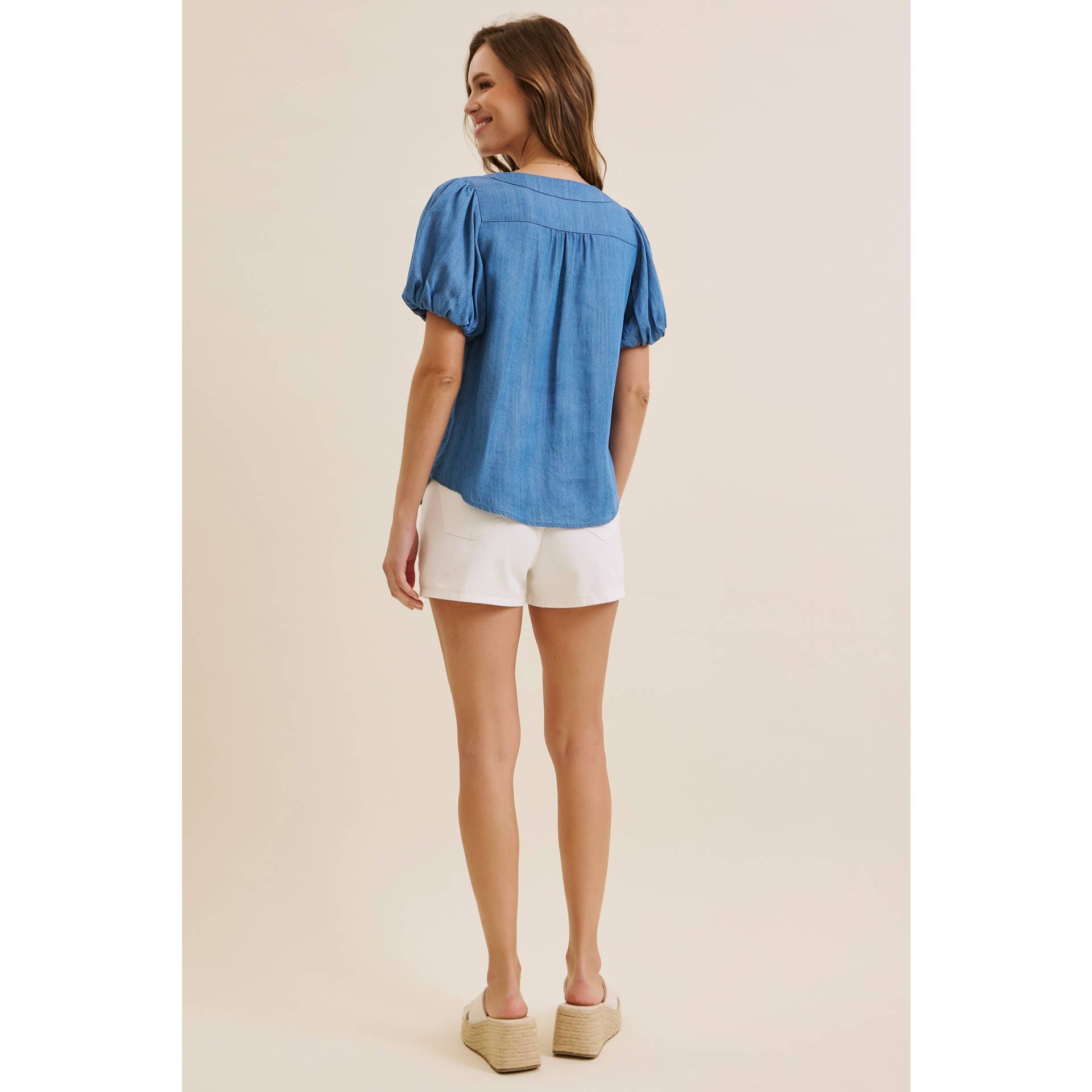 DENIM BUBBLE-SLEEVES TOP