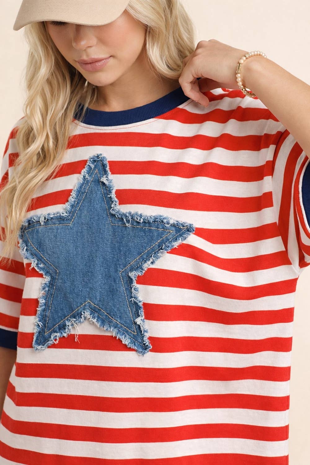 Red stripe tee with denim star patch
