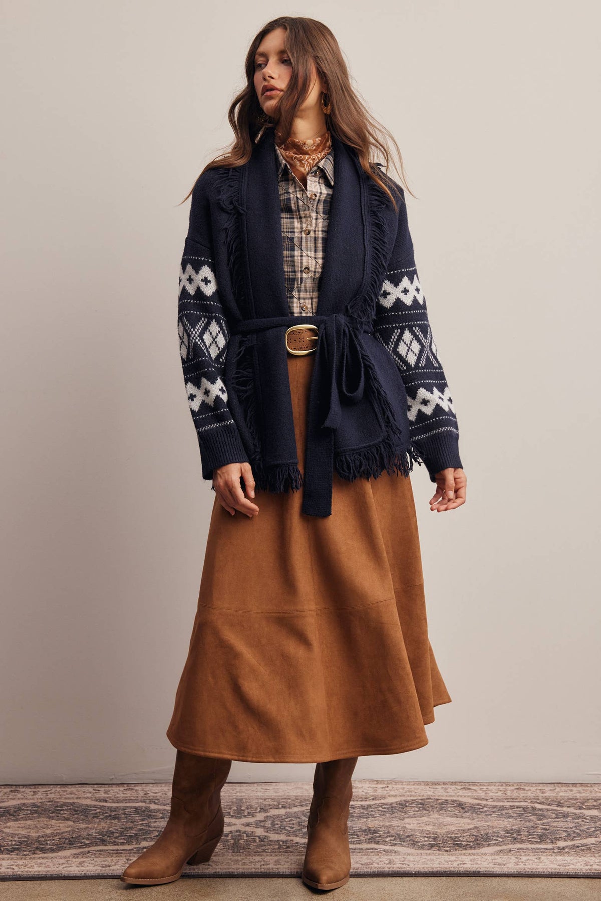 Fringe Trim Belted Western Cardigan