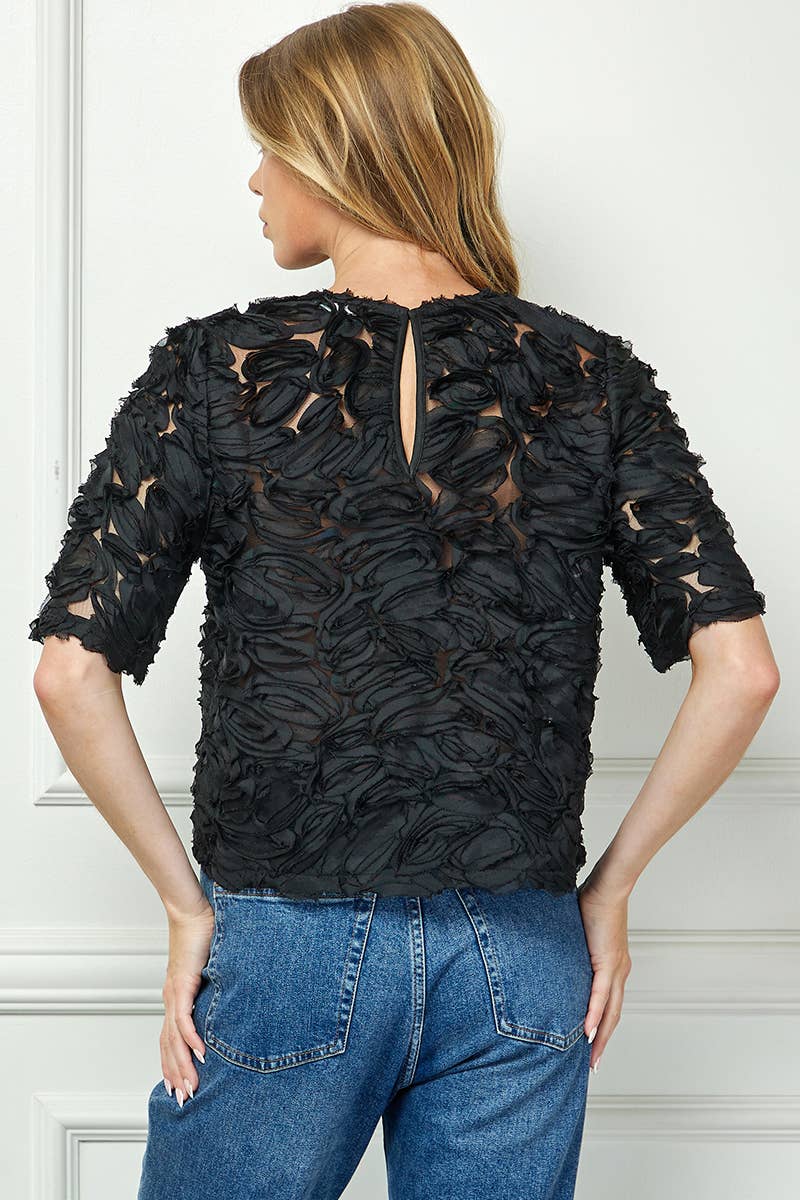 Petal Textured Sheer Top in Black