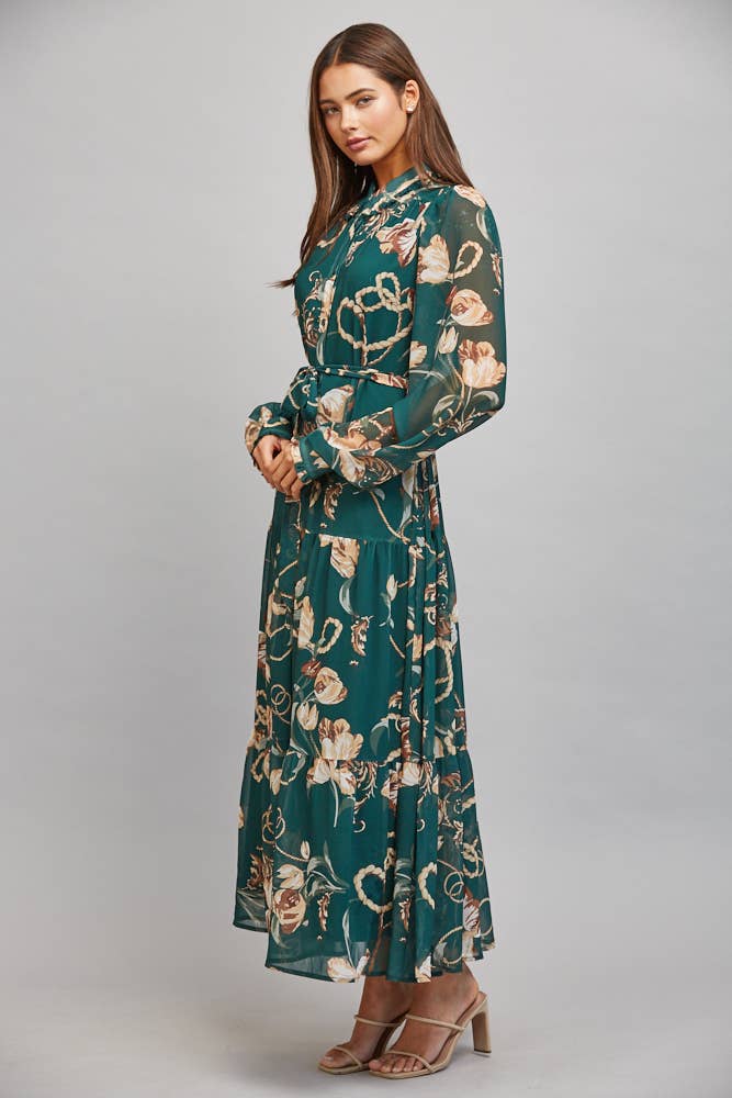 FLORAL/CHAIN PRINT CHIFFON DRESS