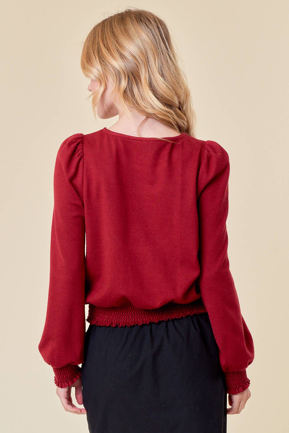 SMOCKED BOTTOM PUFF SLEEVE TOP