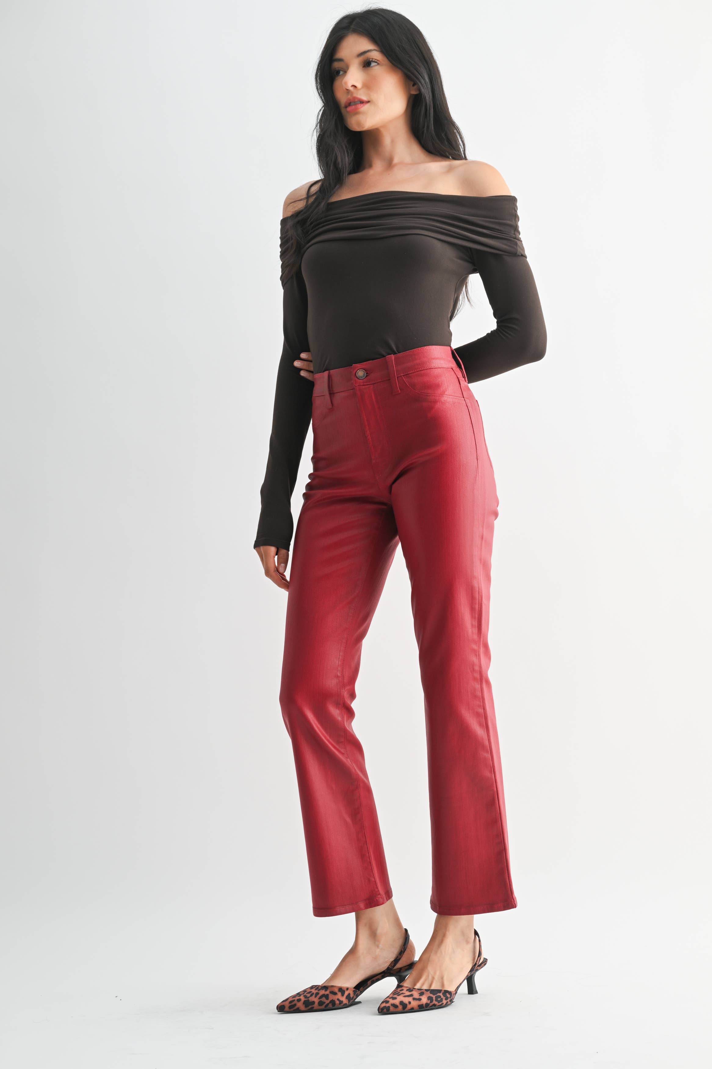 COATED BURGUNDY Slim Cropped Bootcut