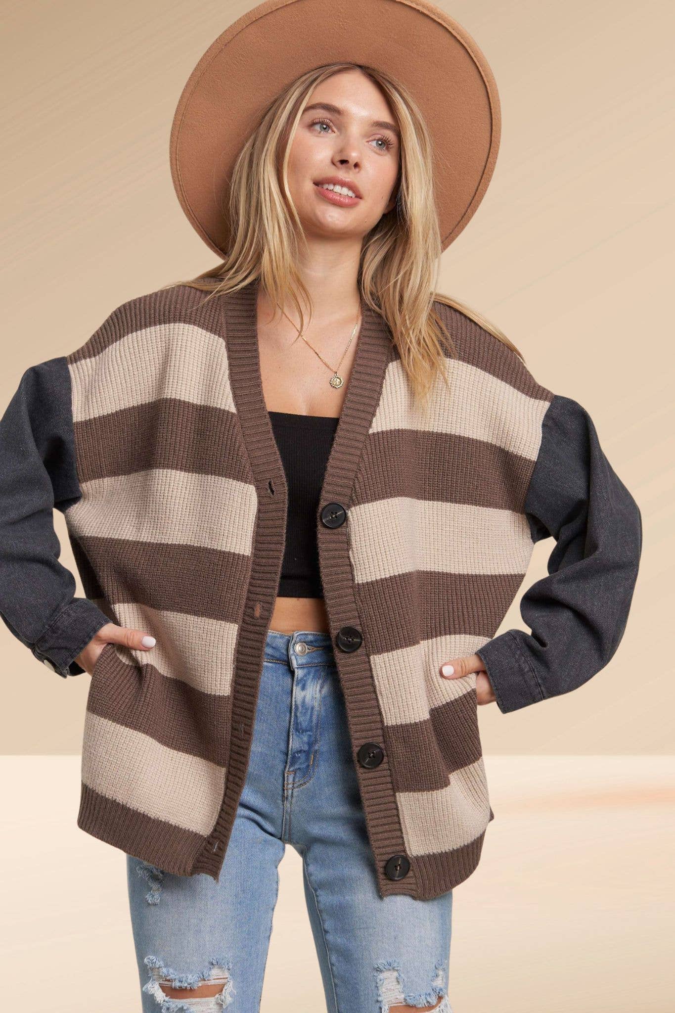 DENIM SLEEVE STRIPE CARDIGAN