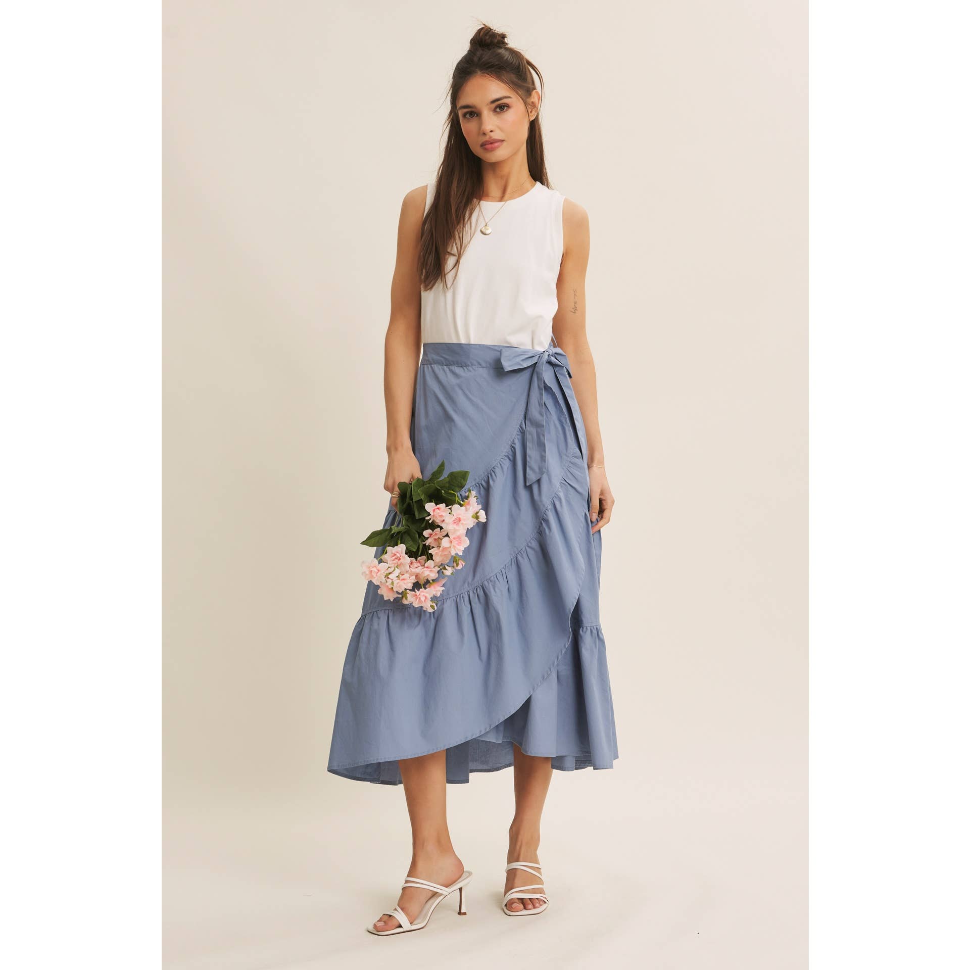TIERED WRAP MIDI DRESS
