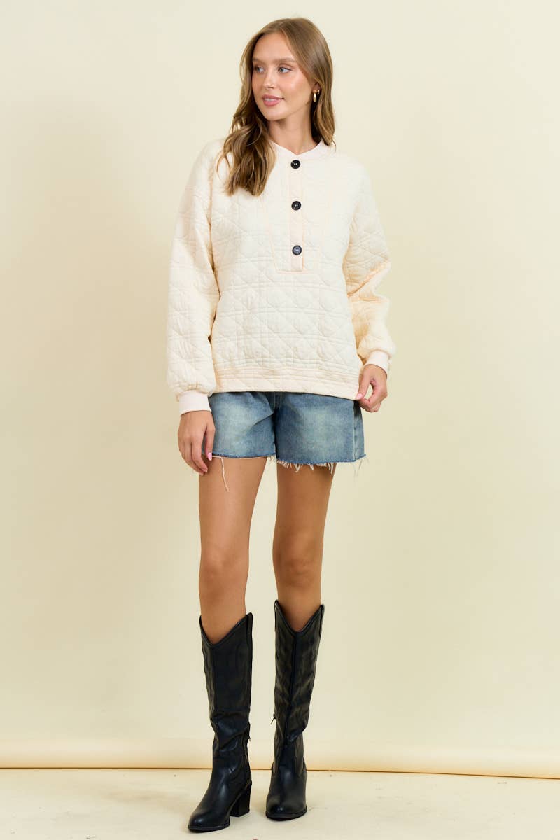 QUILTED BUTTON FRONT SWEATSHIRT