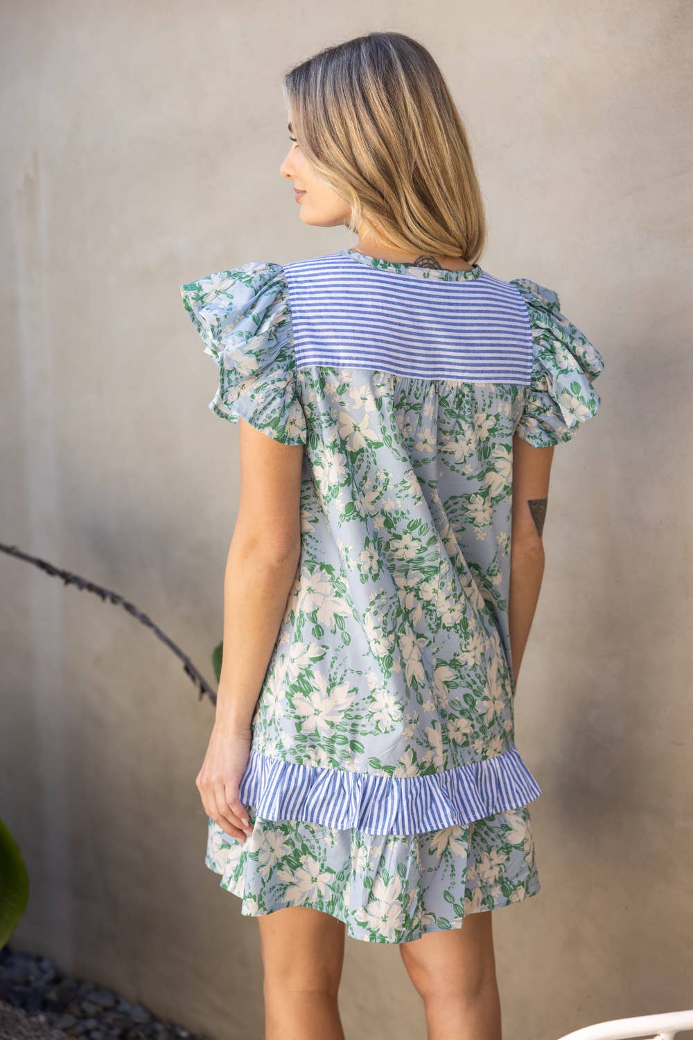 Stripe And Floral Print Mixed Tiered Dress