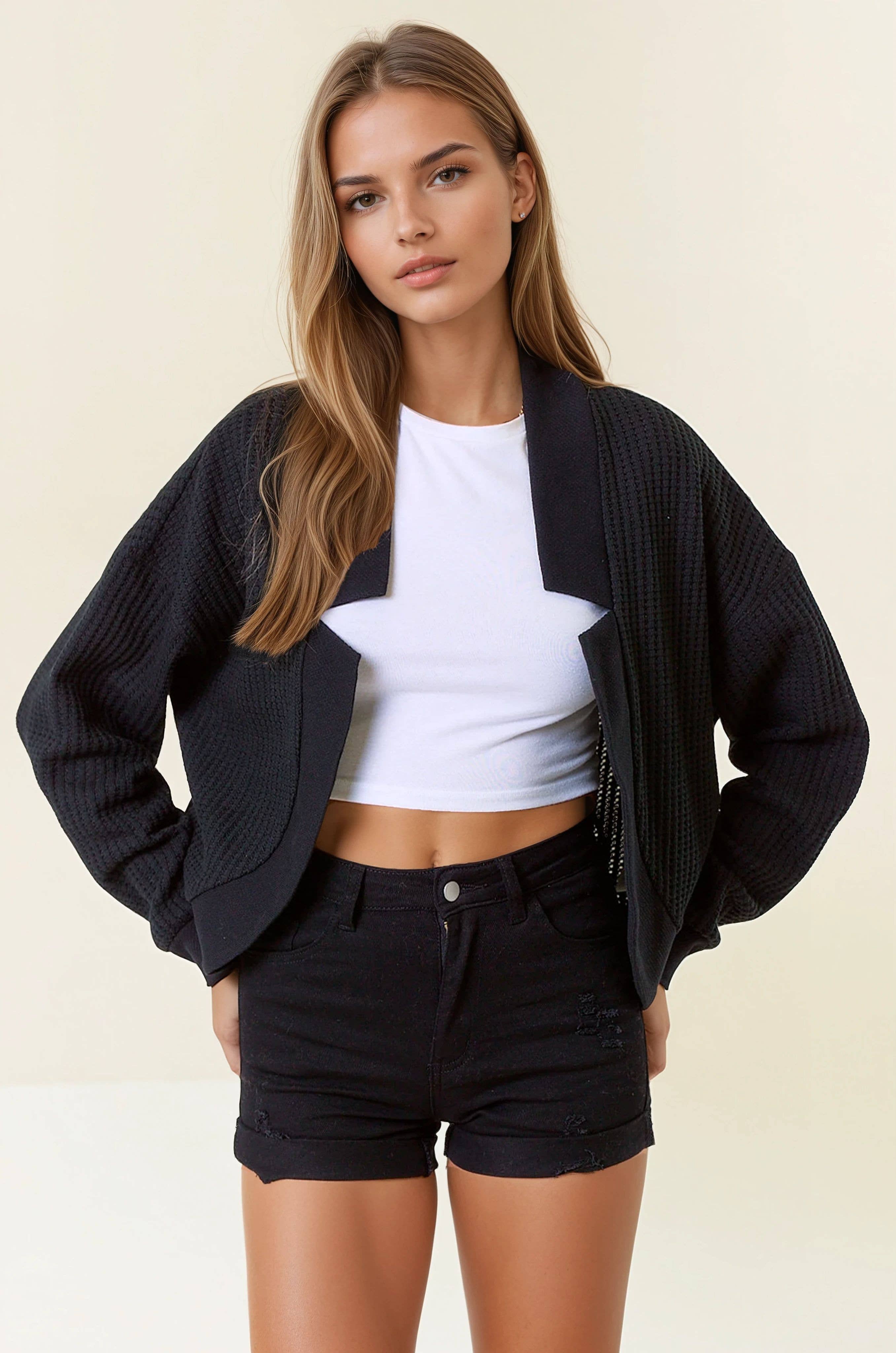Cotton Waffle Knit Puff Sleeve Cardigan
