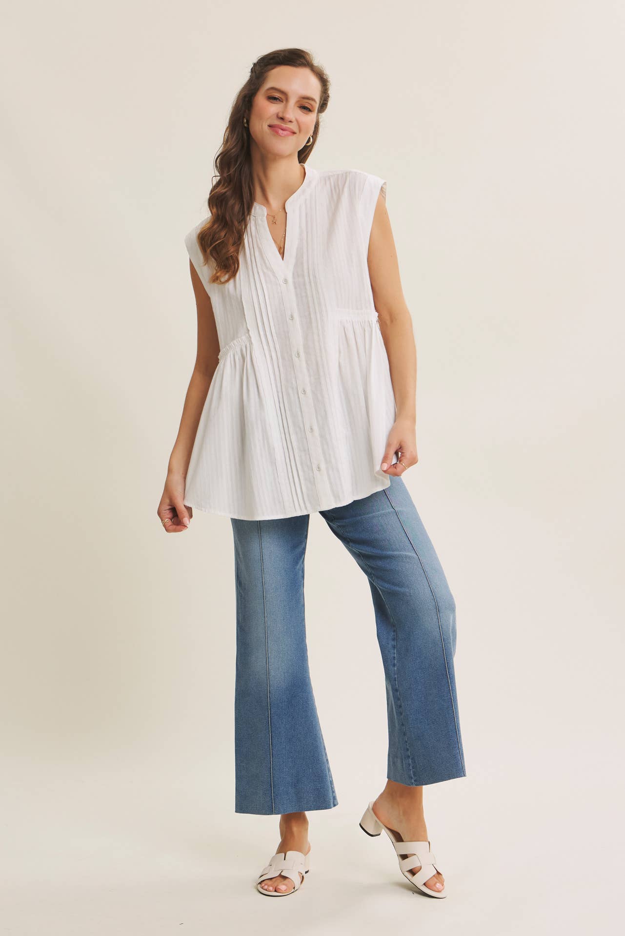PINTUCK ANKLE LENGTH WIDE-LEG DENIM PANTS