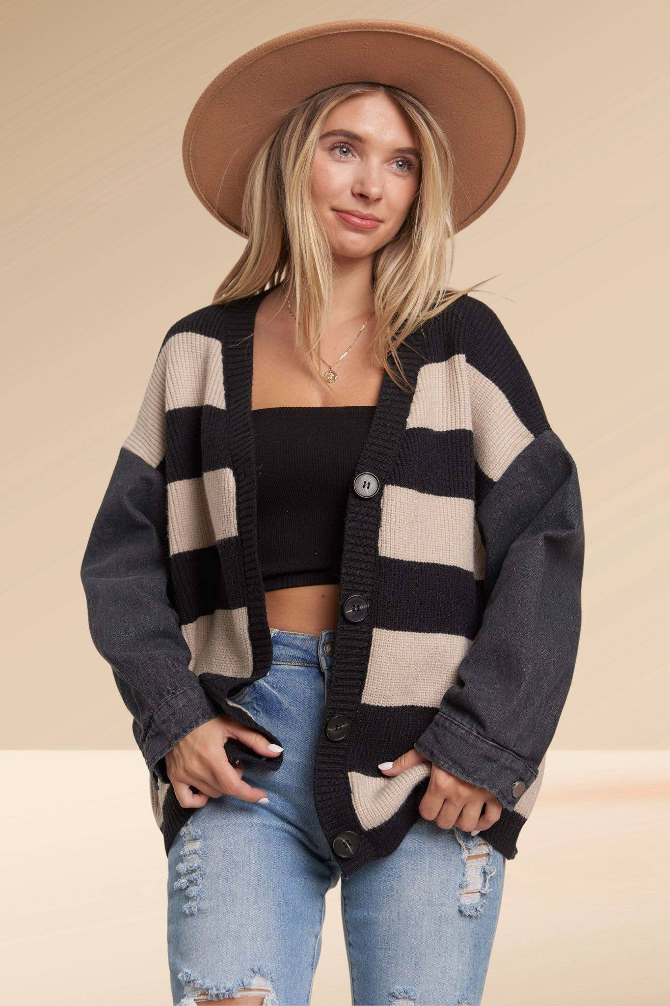 DENIM SLEEVE STRIPE CARDIGAN