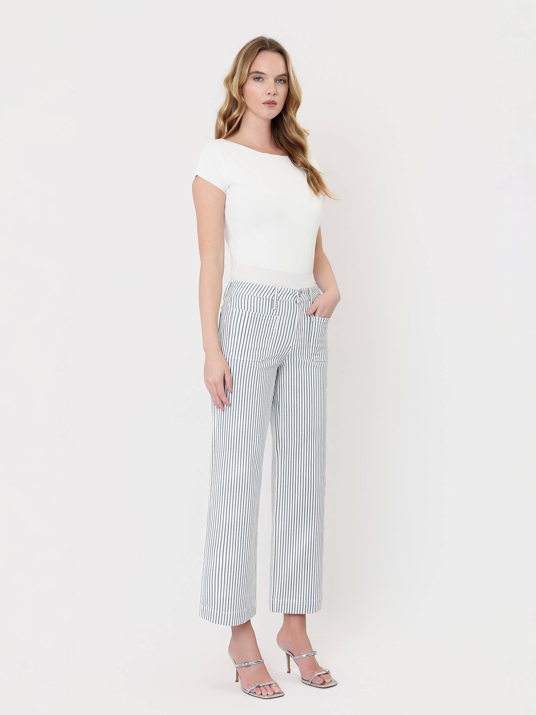 STRIPE HIGH RISE WIDE LEG JEANS