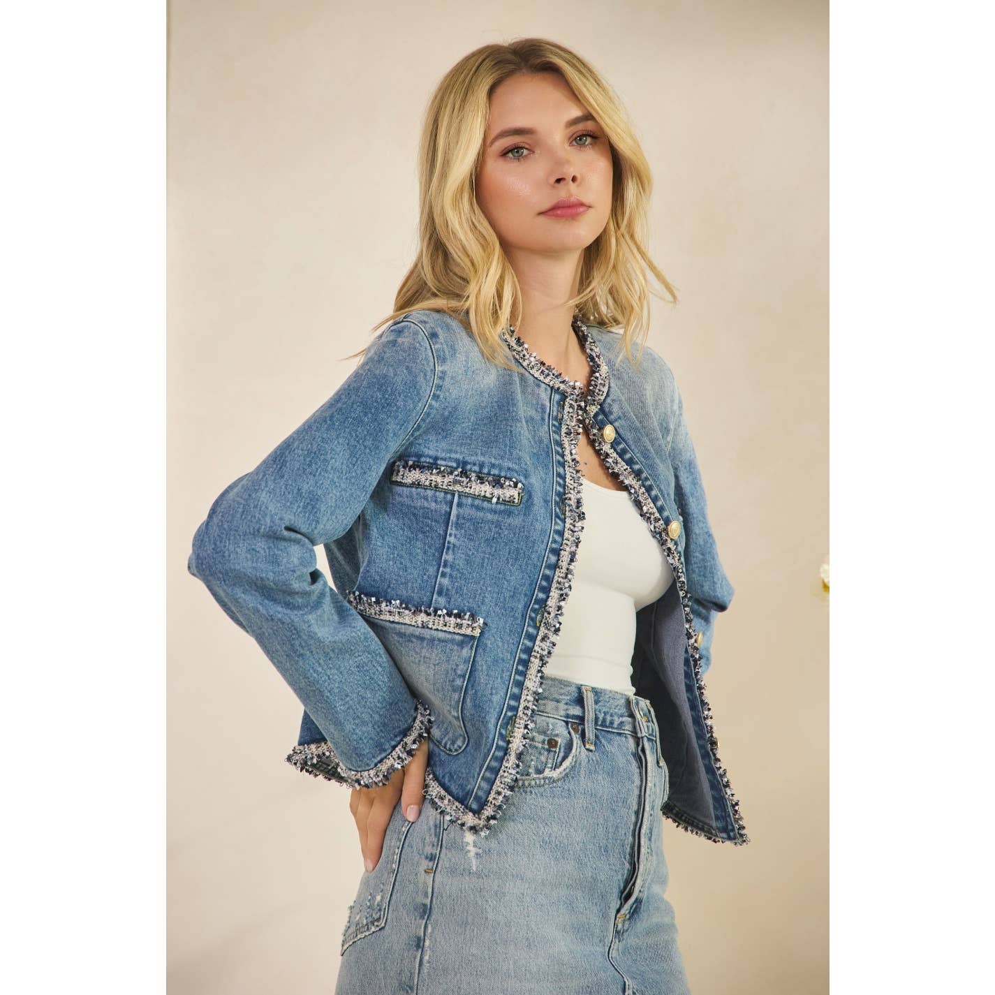Tweed Trimmed Denim Jacket