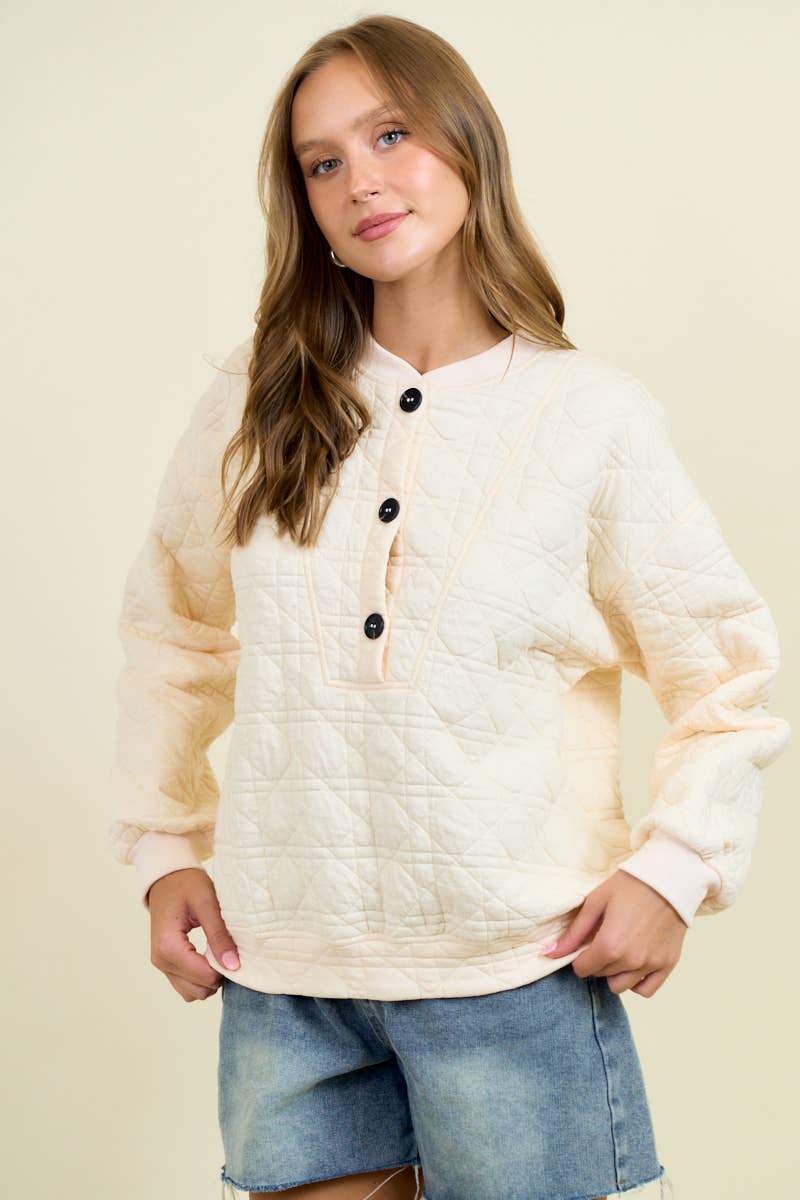 QUILTED BUTTON FRONT SWEATSHIRT