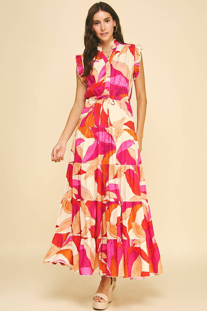 LEAF PRINT TIERED DRESS