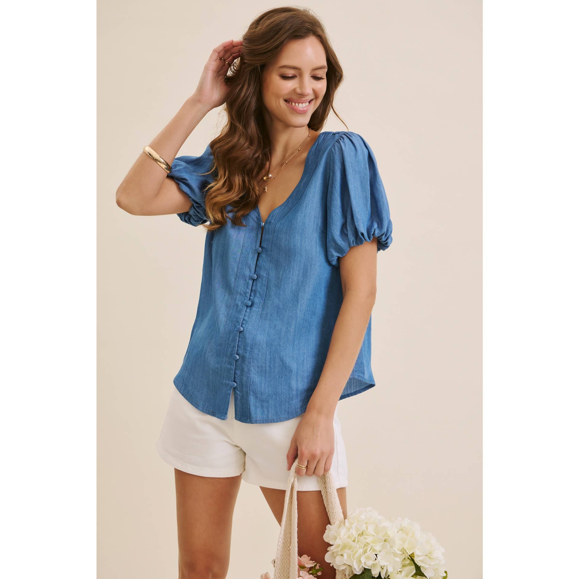 DENIM BUBBLE-SLEEVES TOP