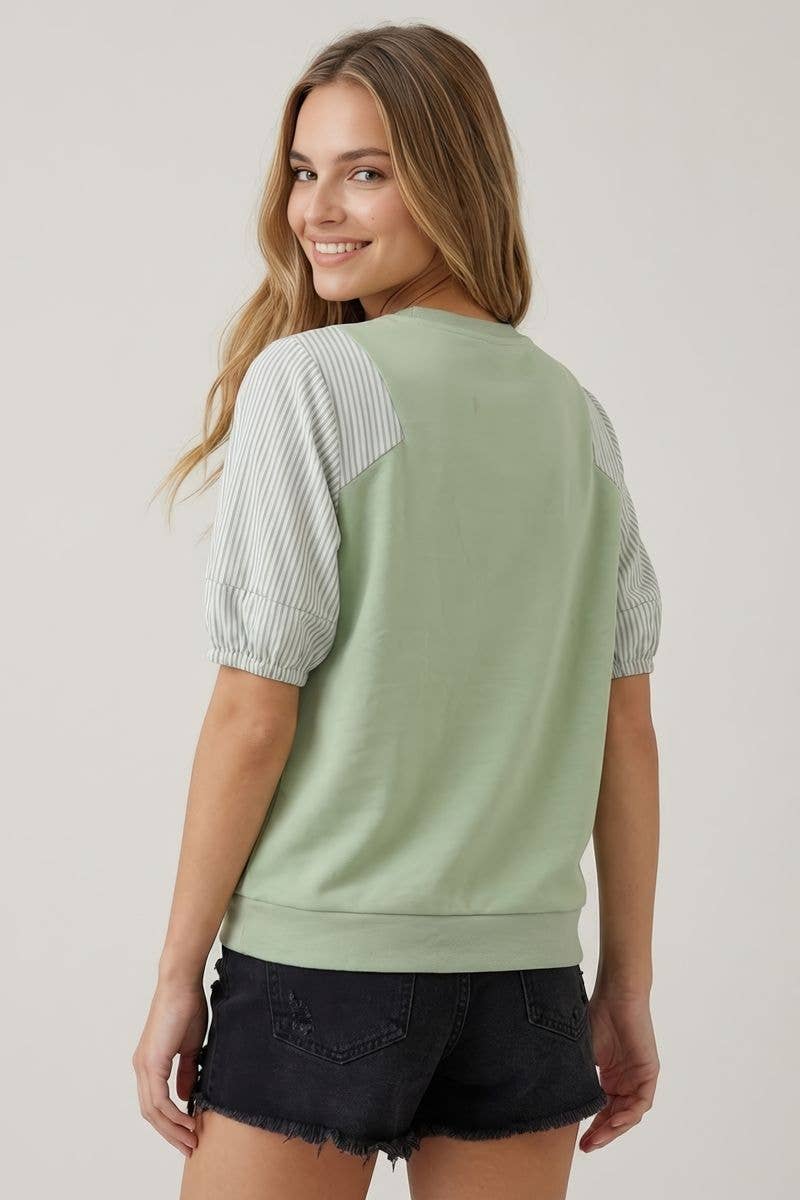 STRIPE CONTRAST MIX PUFF SLEEVE TOP