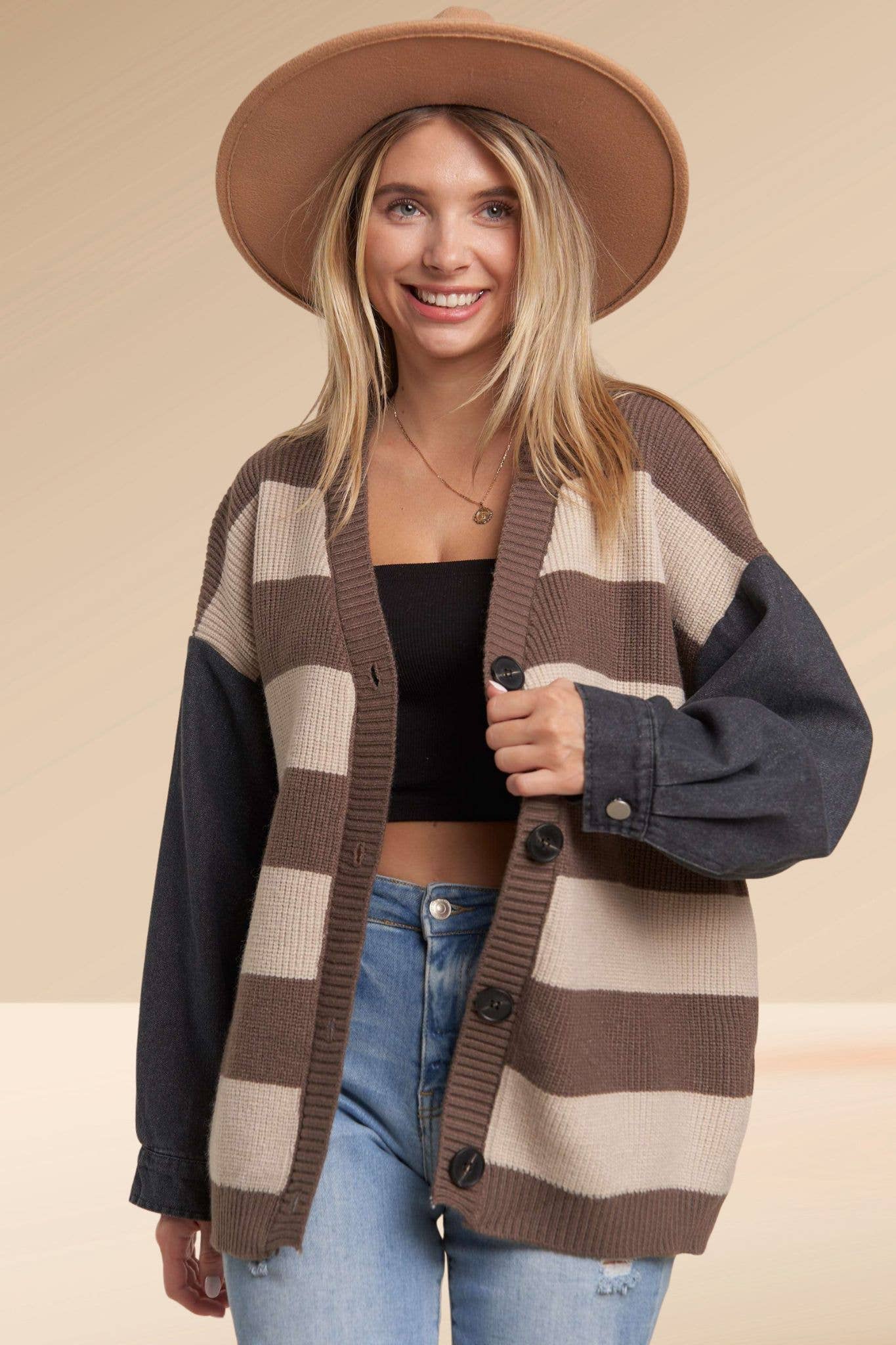 DENIM SLEEVE STRIPE CARDIGAN