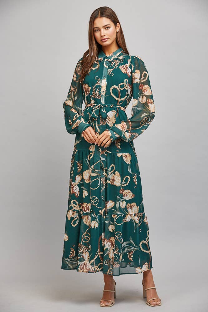 FLORAL/CHAIN PRINT CHIFFON DRESS