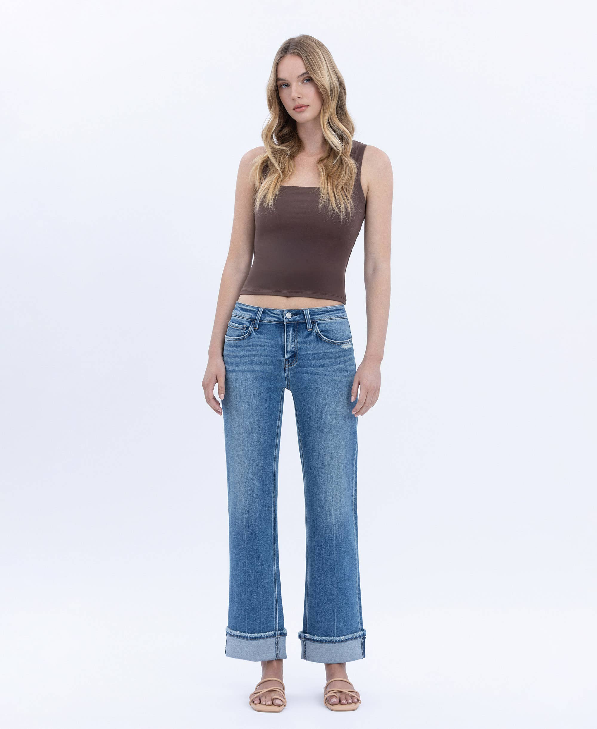 MID RISE CUFFED ANKLE SLIM WIDE JEANS