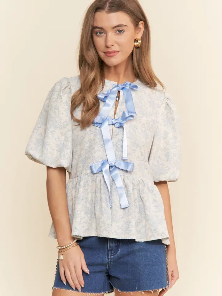 Ribbon Tie Puff Sleeve Top