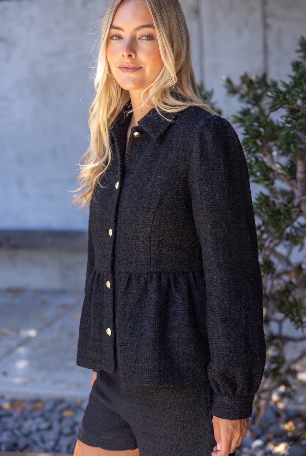 Gold Button Tweed Peplum Jacket