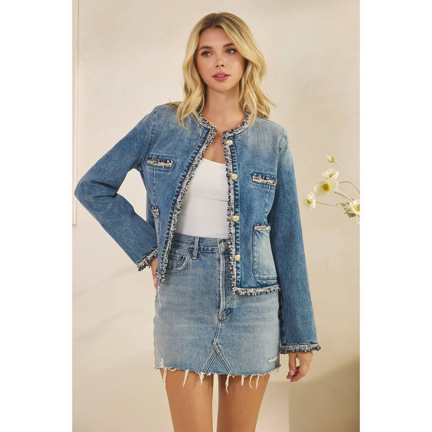 Tweed Trimmed Denim Jacket