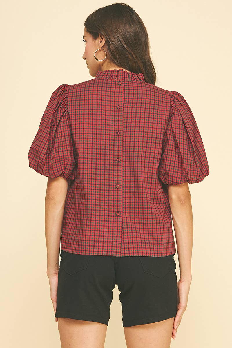 PLAID RUFFLED MOCK NECK BLOUSE