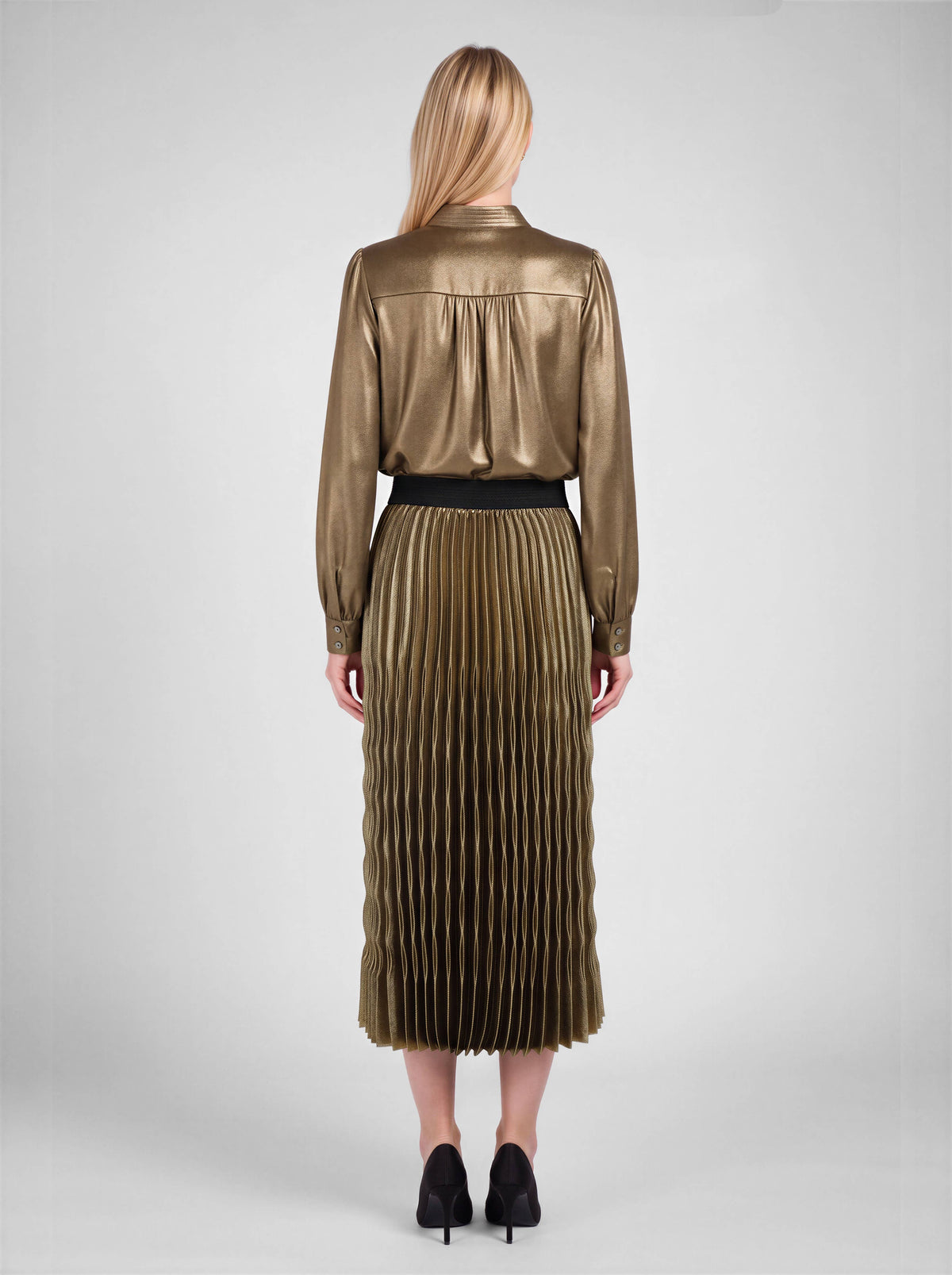 Metallic Pleated Midi Skirt