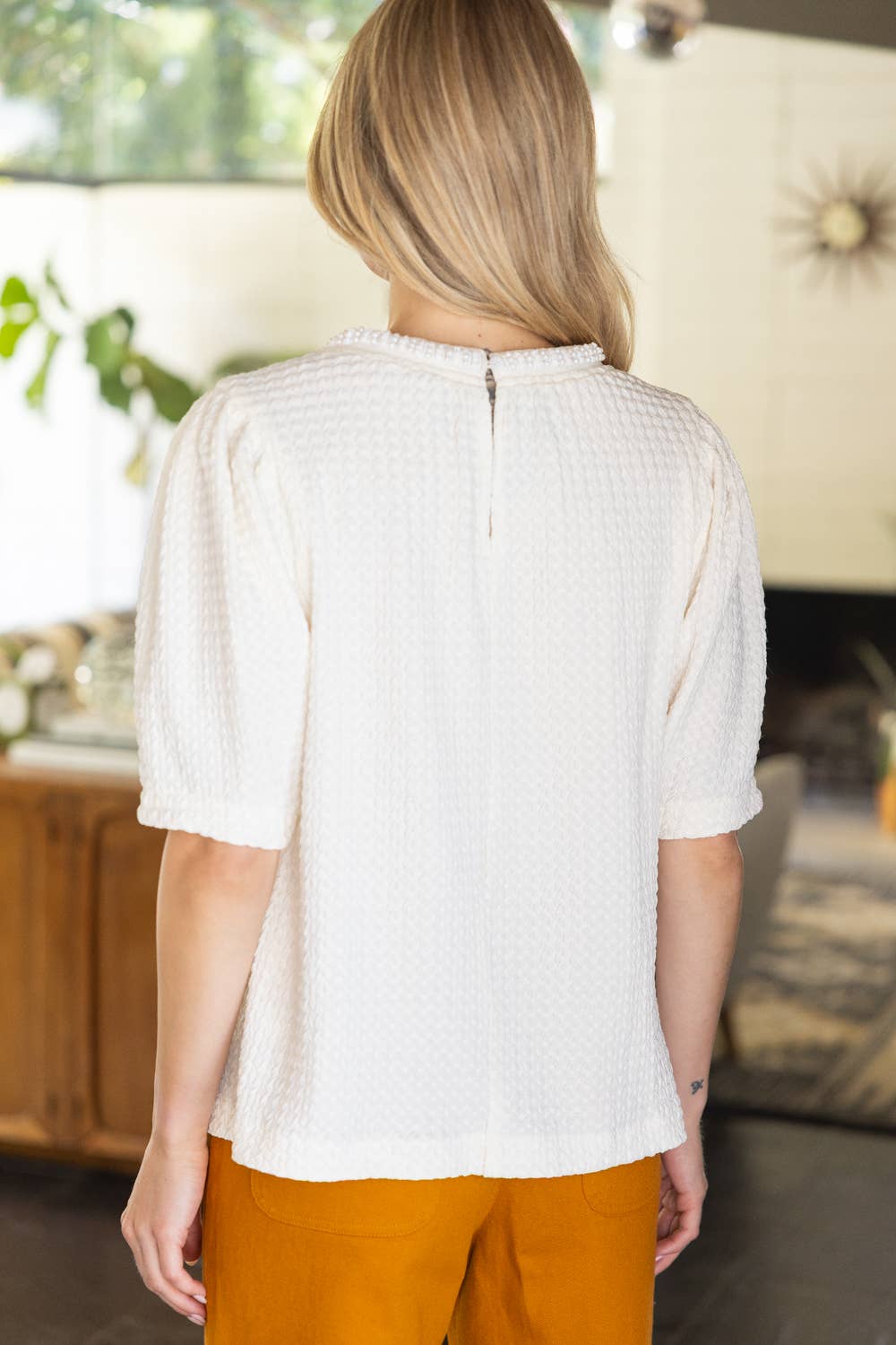 Pearl Neck Trim Textured Knit Top