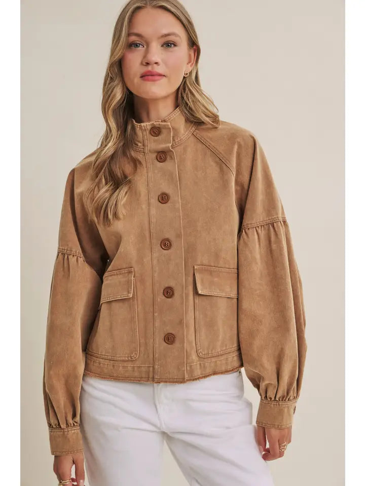 Western Inspired Mineral-Washed Cotton Balloon Sleeve Jacket