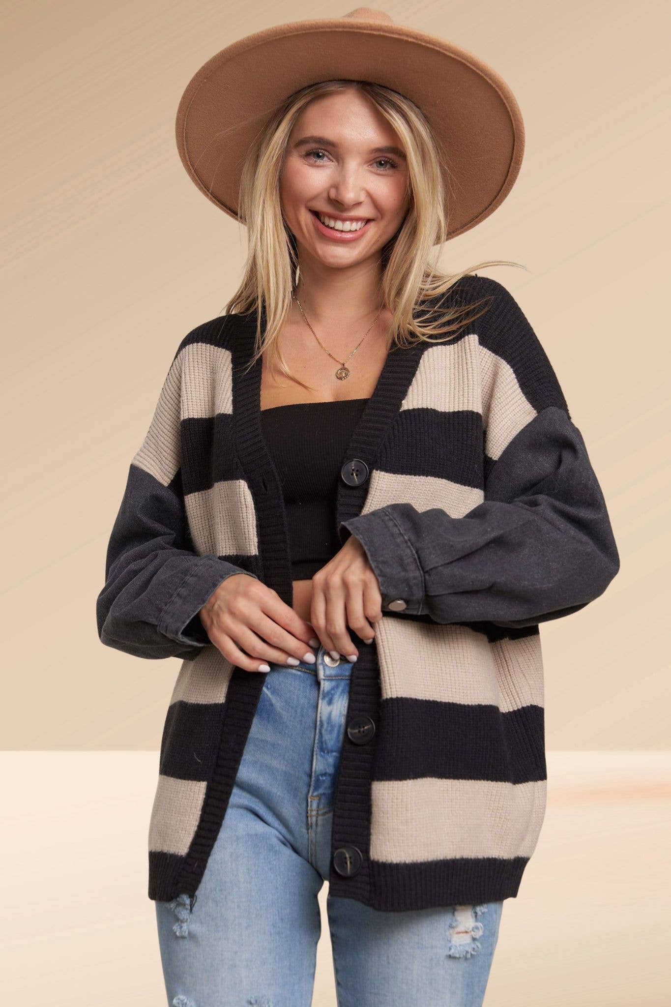 DENIM SLEEVE STRIPE CARDIGAN