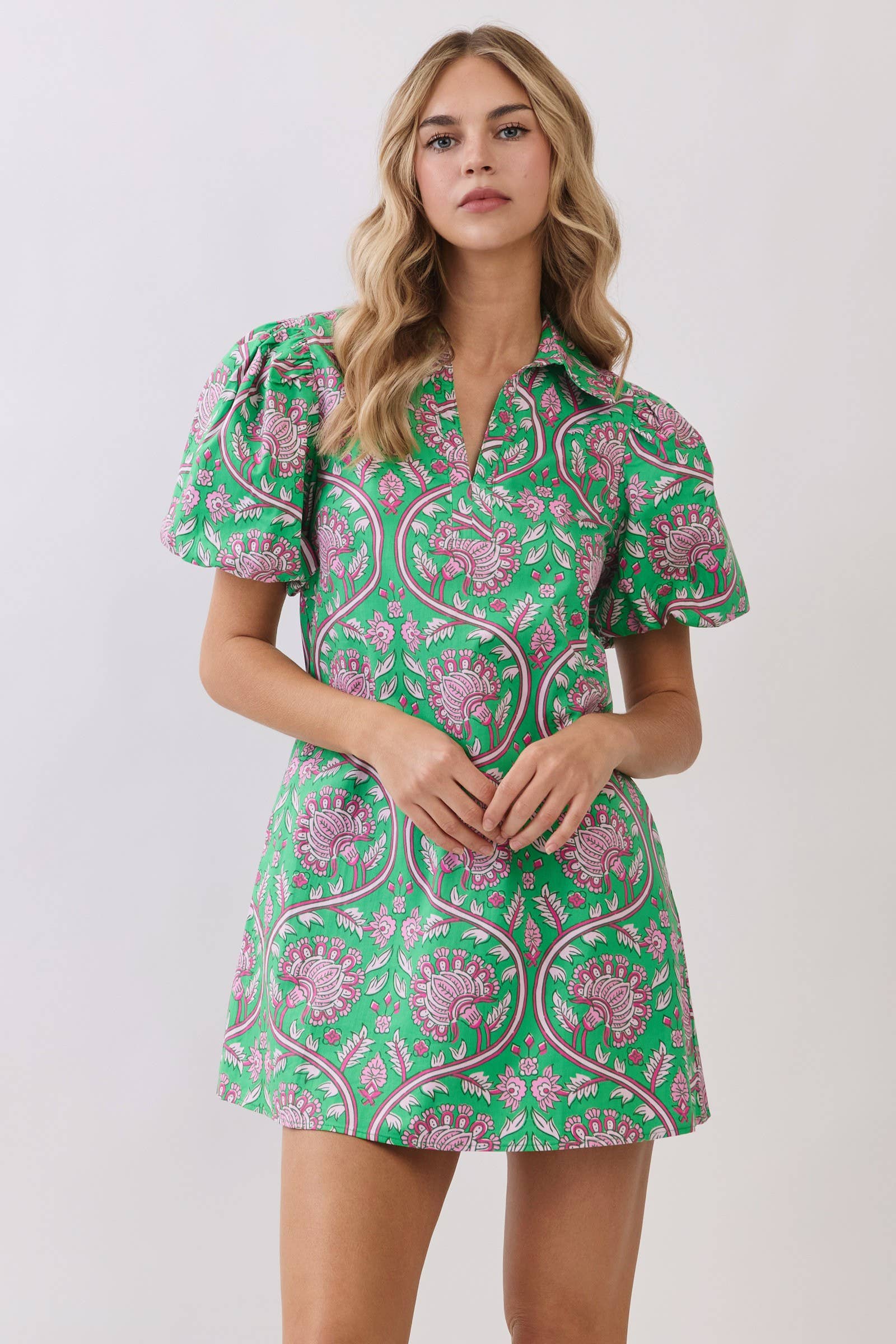 Paisley Print Puff Sleeve Mini Dress