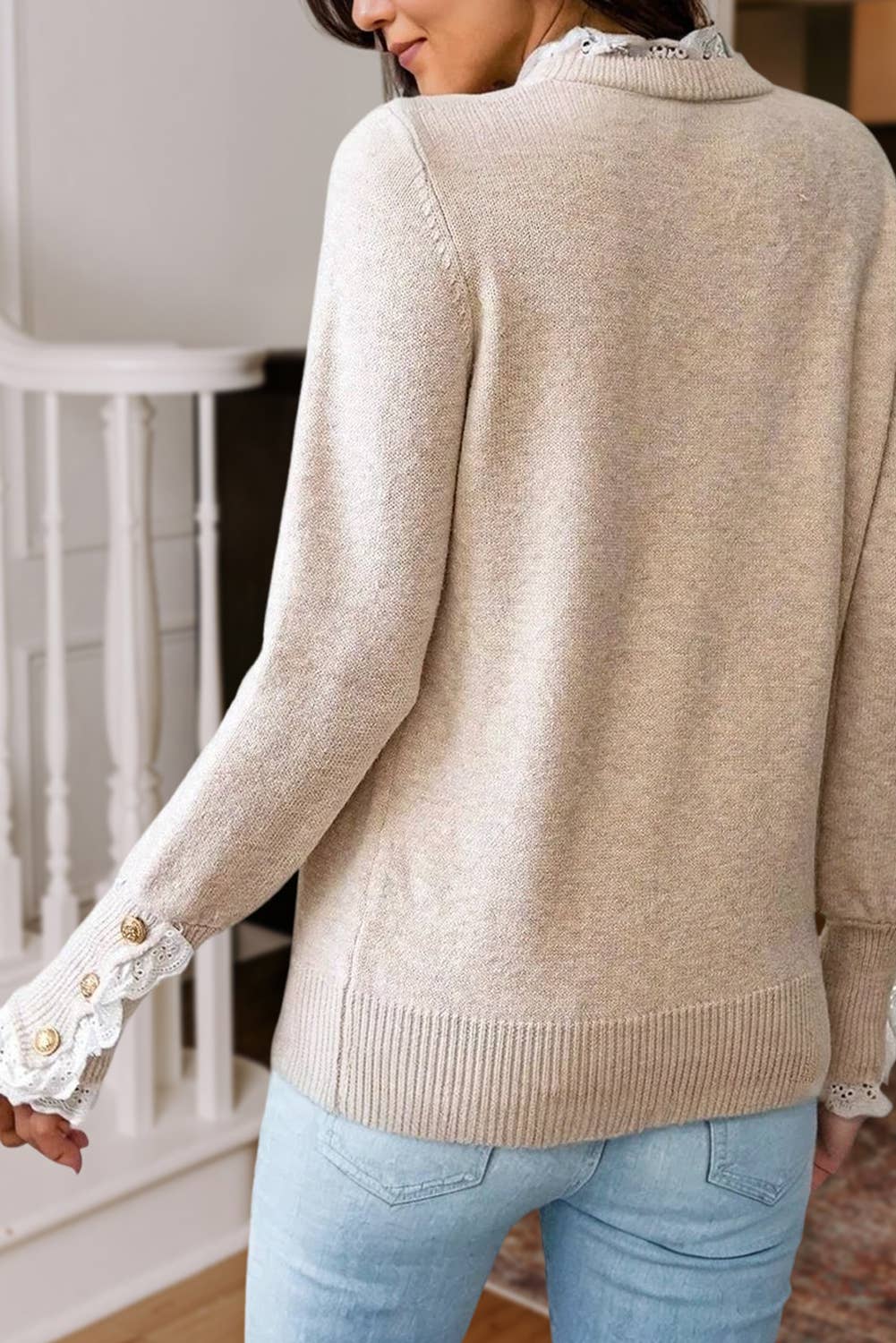 Lace Trim  Buttoned Cuffs  Sweater