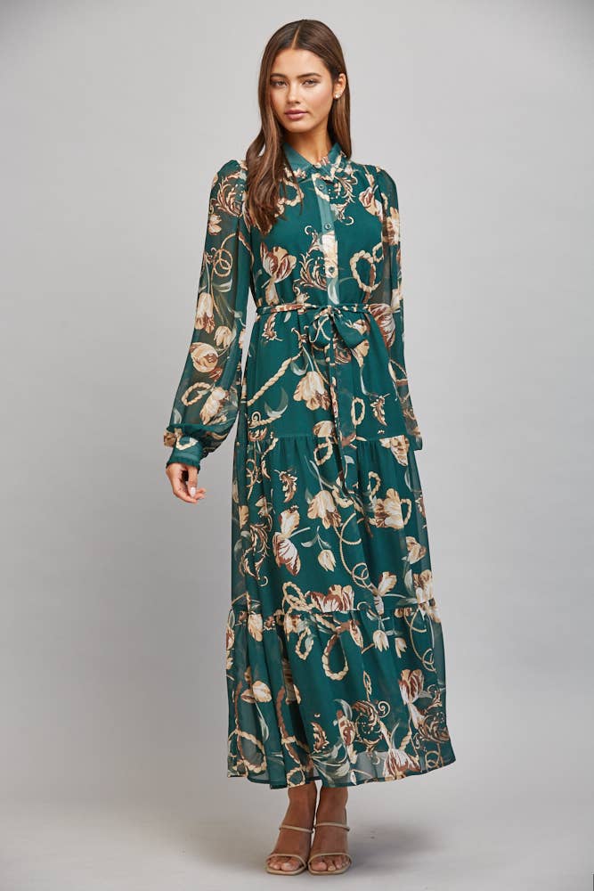 FLORAL/CHAIN PRINT CHIFFON DRESS