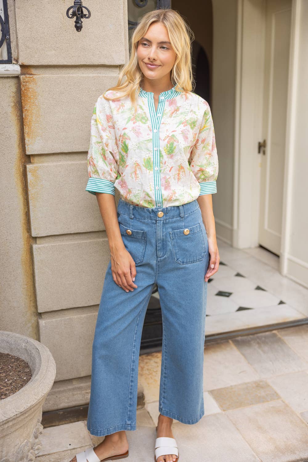 Stripe Contrast Floral Embroidered Top