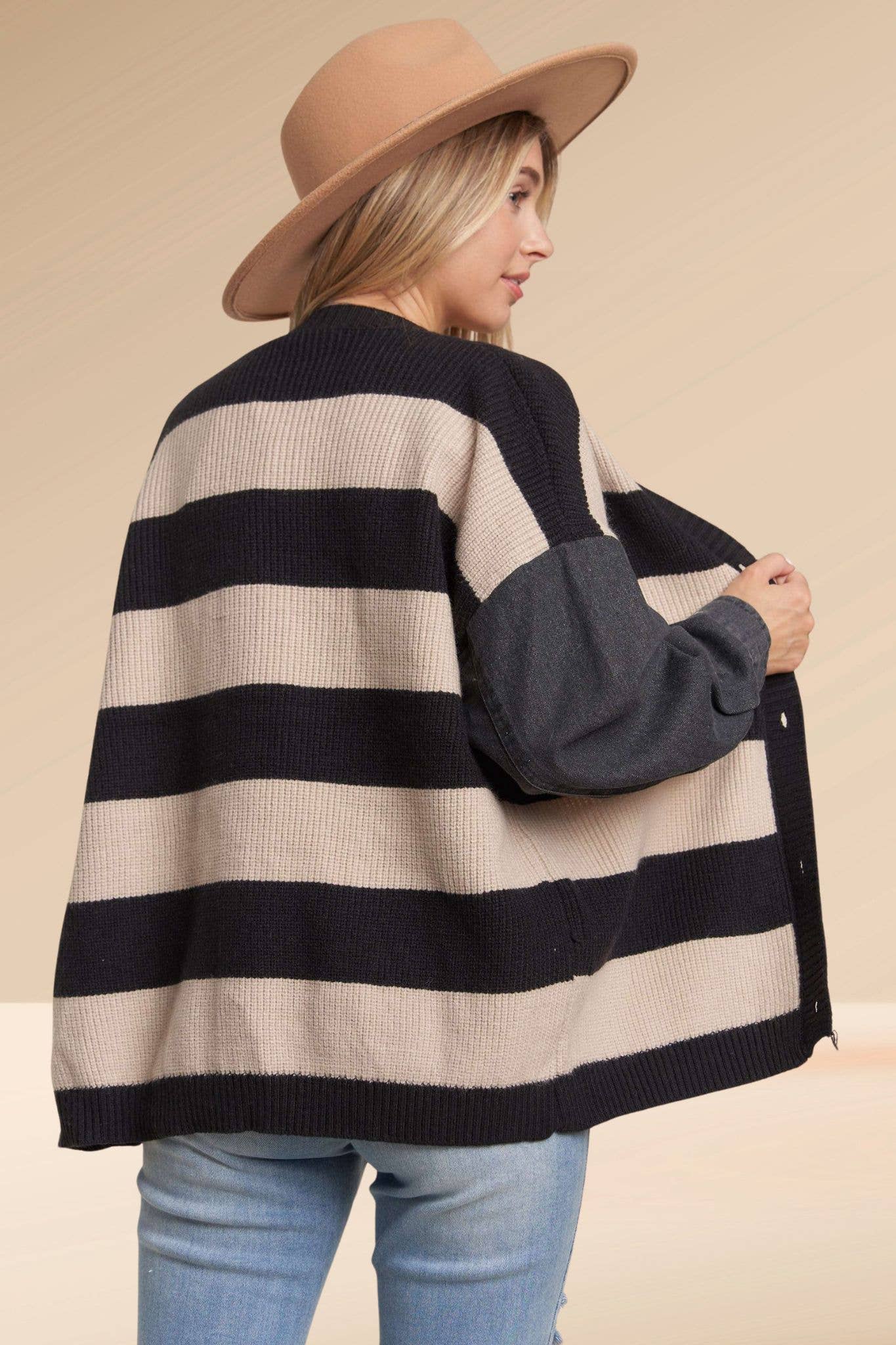 DENIM SLEEVE STRIPE CARDIGAN