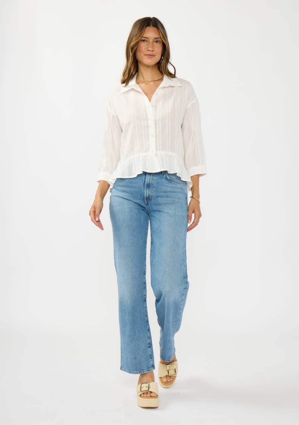 Embroidered Pintuck Button Down Top