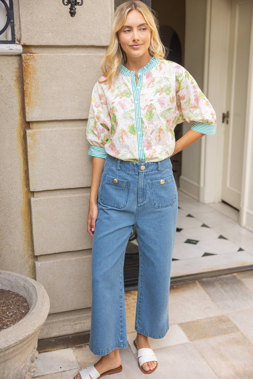 Stripe Contrast Floral Embroidered Top