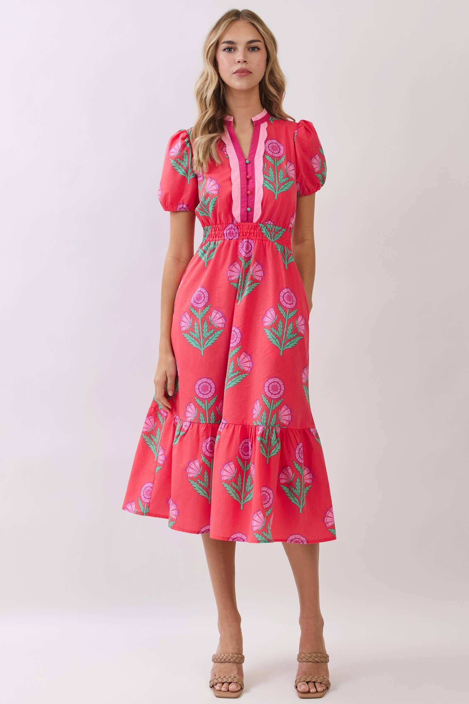 Floral Print Puff Sleeve Midi Dress